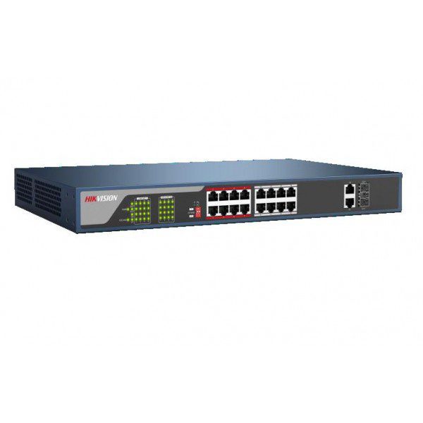 The Hikvision DS-3E0318P-E from Hikvision is a 16 10/100Mbps ports unmanaged switch that requires no configuration and provides 16 PoE (Power over Ethernet) ports.